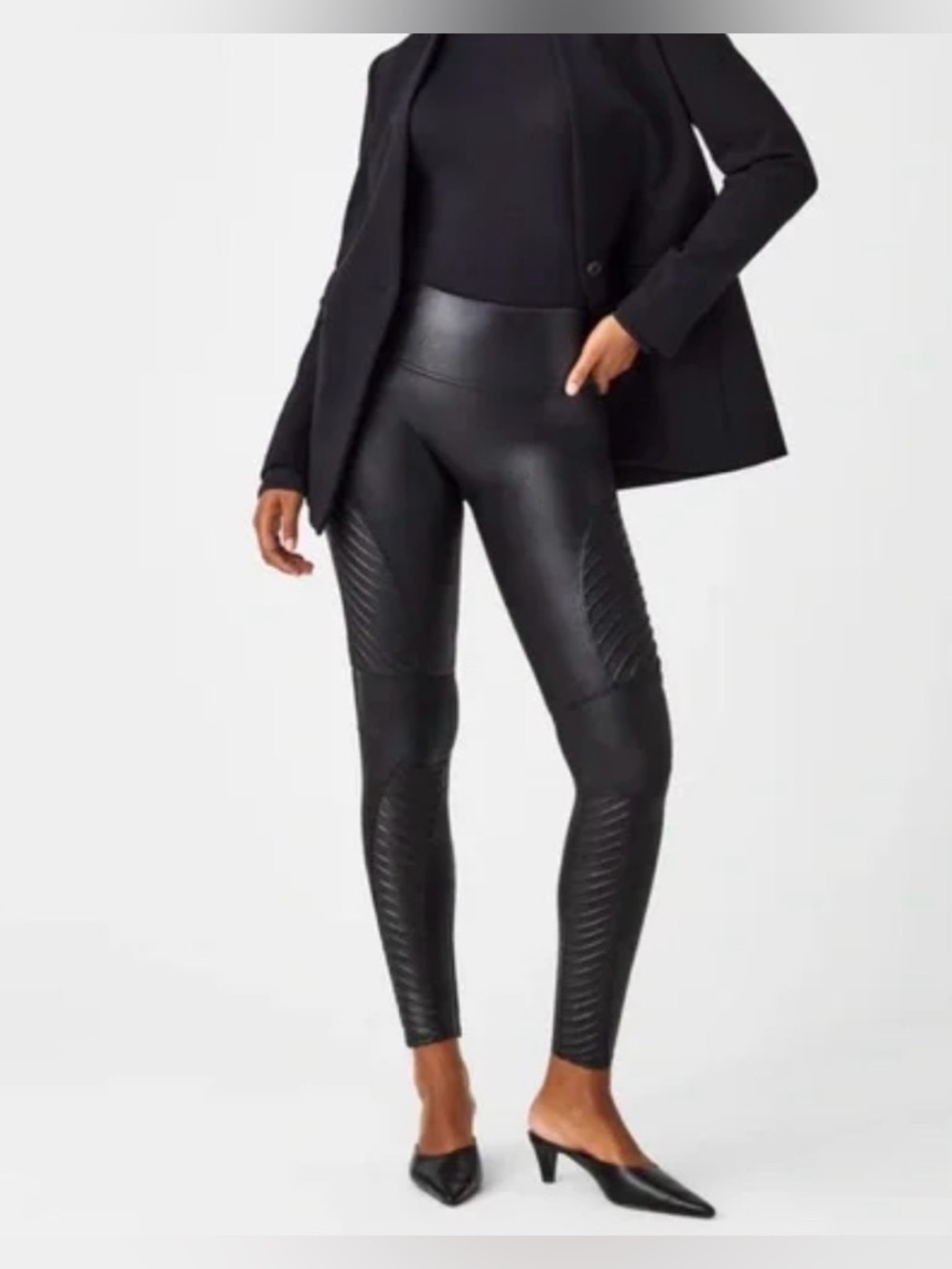 SPANX Black Faux-Leather Moto Leggings with Ribbed Panels